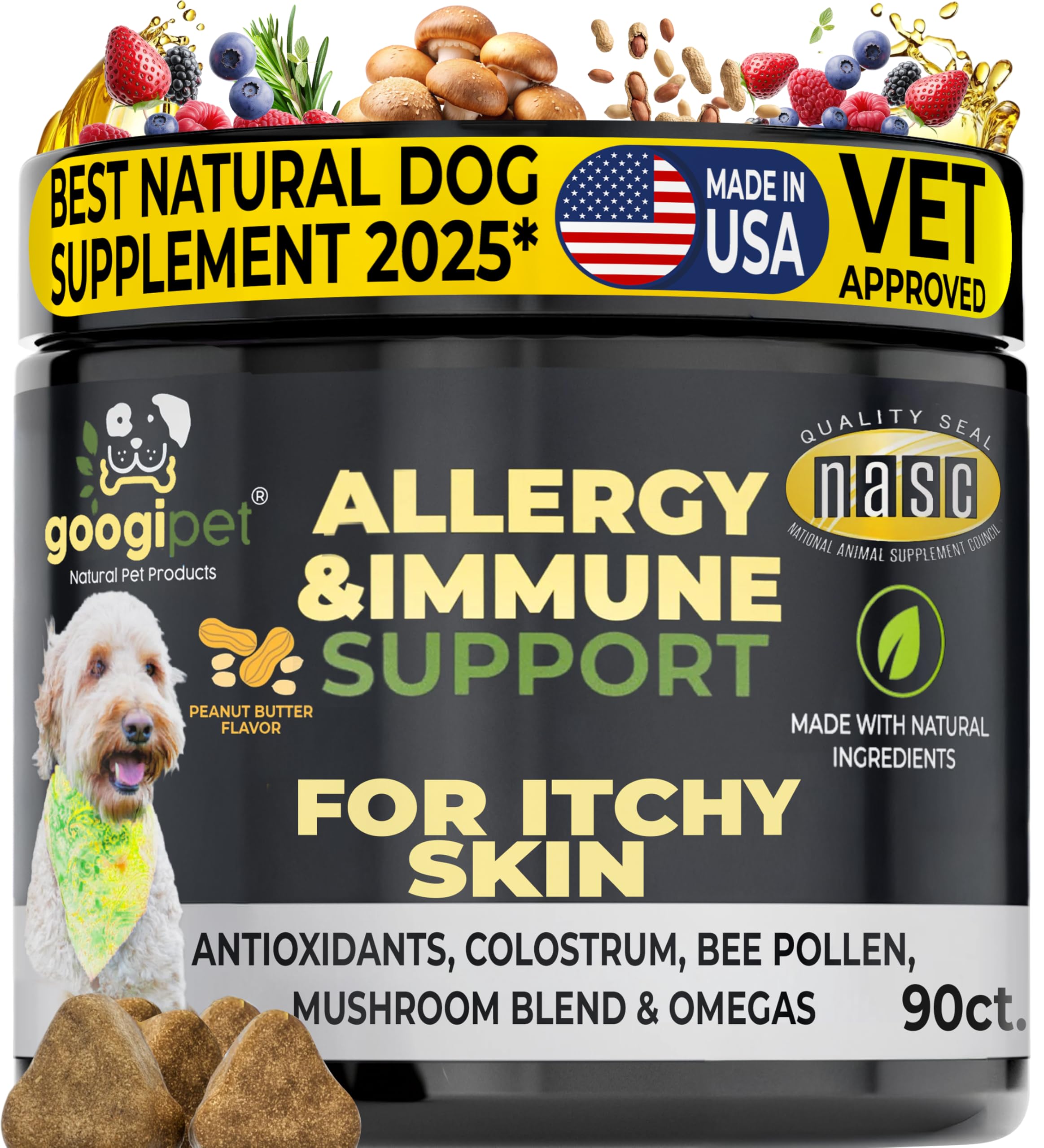 Googipet Dog Allergy Chews bottle shown for daily comfort during seasonal changes.