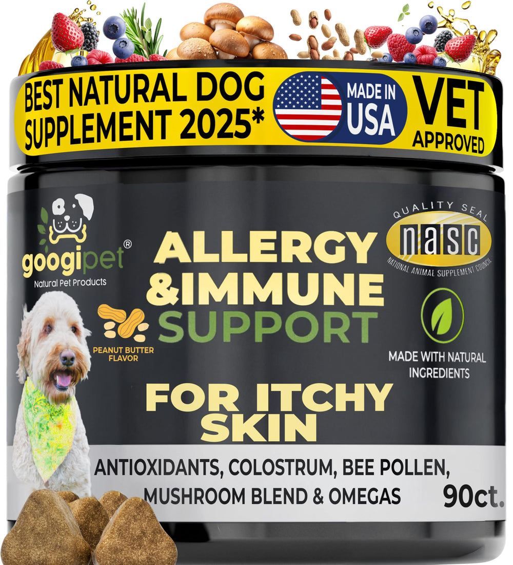 Googipet Dog Allergy Chews bottle shown for daily comfort during seasonal changes.