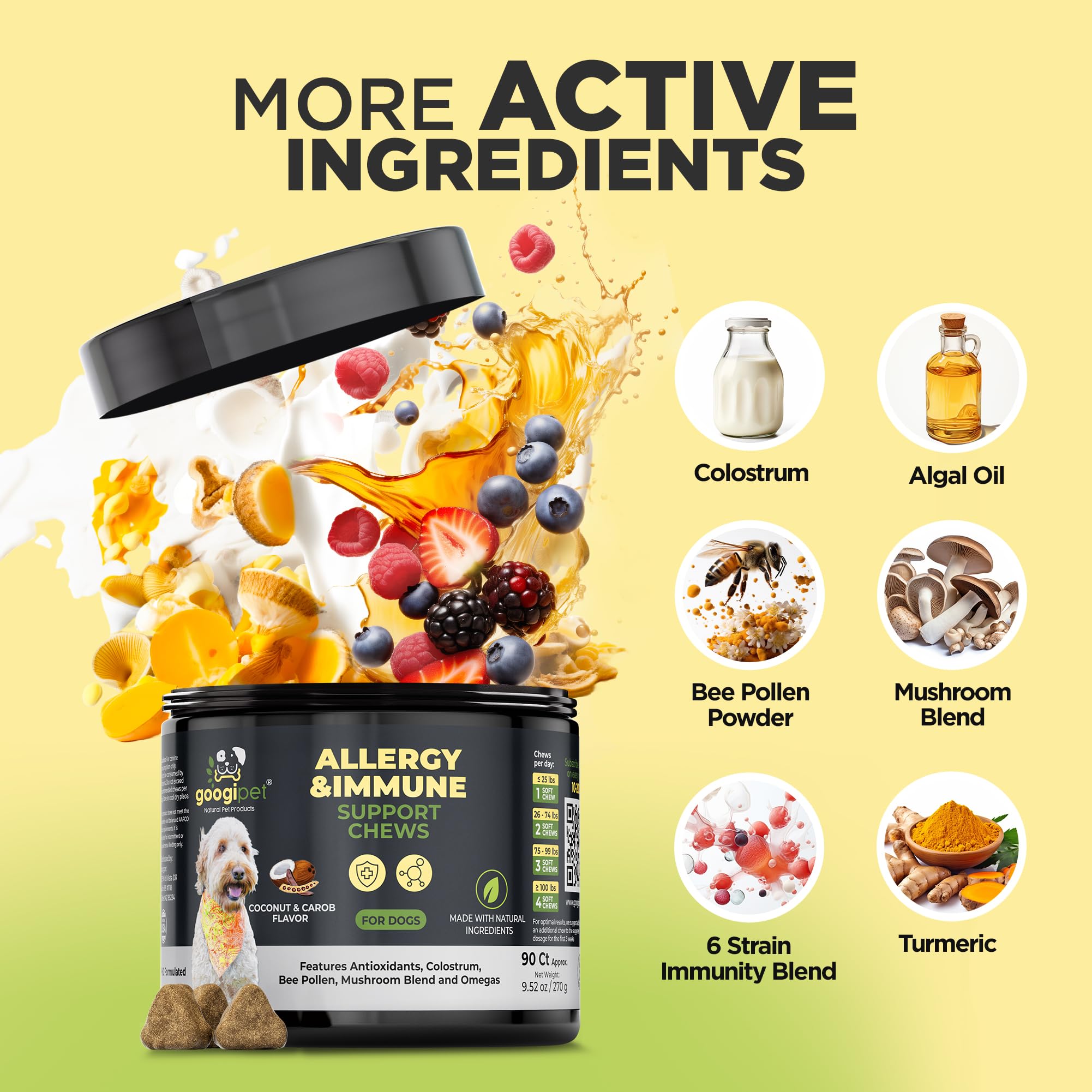 Googipet Dog Allergy Chews in a bowl ready to serve, daily dose shown.