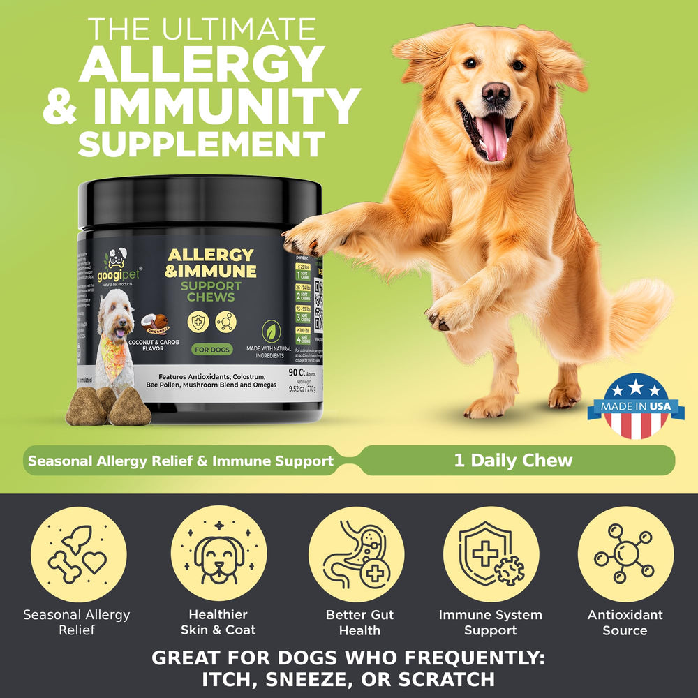Googipet Dog Allergy Chews ingredients chart featuring colostrum, probiotics, and omegas.