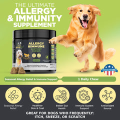 Googipet Dog Allergy Chews label closeup highlighting US-made quality.