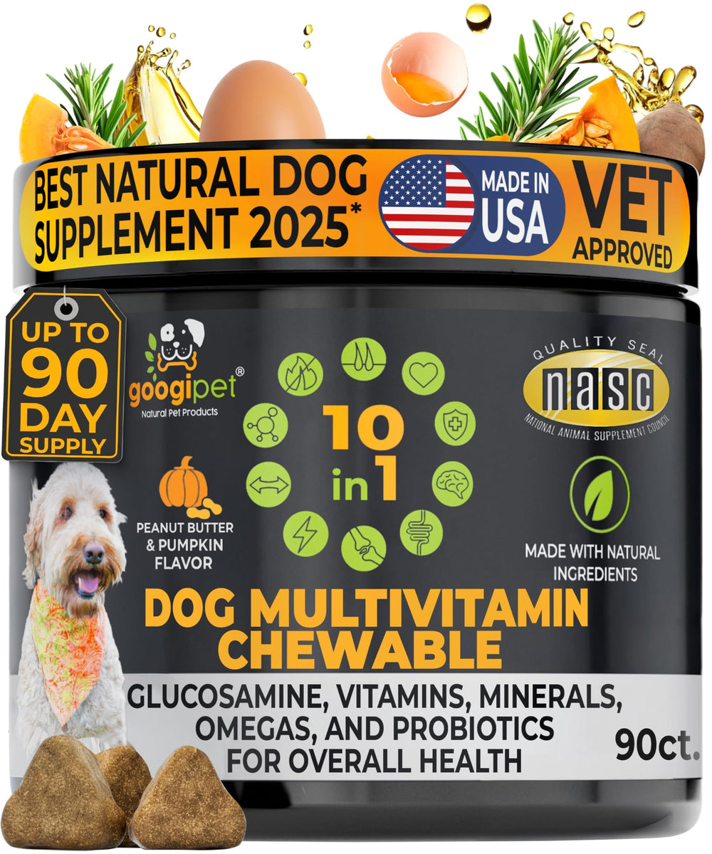 Googipet Premium Dog Multivitamin Chewable bottle on counter showing all in one daily nutrition for dogs