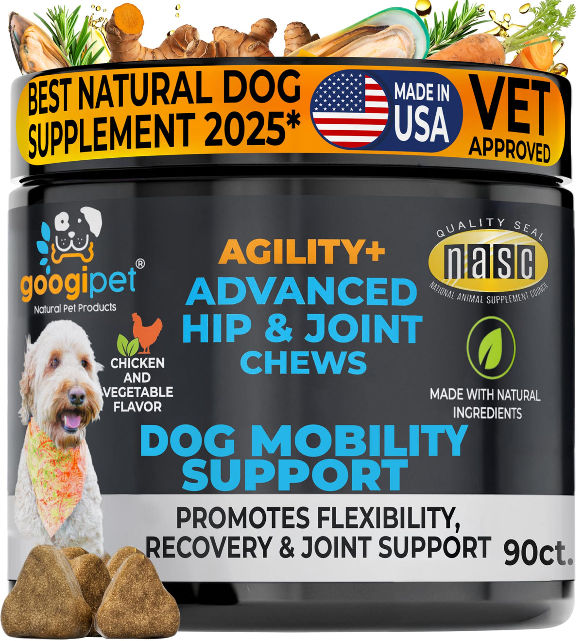 Googipet Premium Hip and Joint chews packaging front highlighting joint support benefits