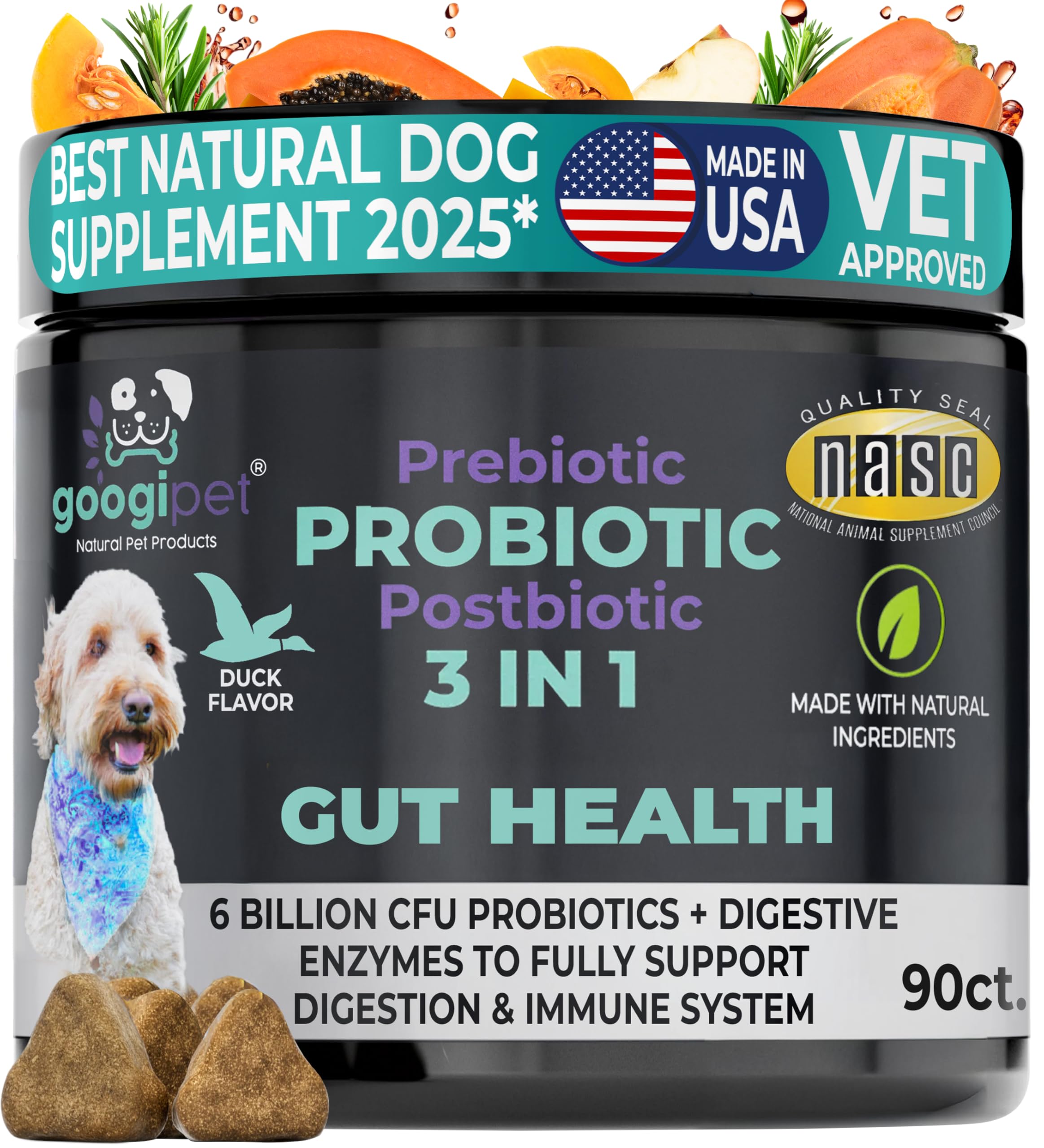 Googipet Probiotics bottle shows 6B CFU for dog gut support