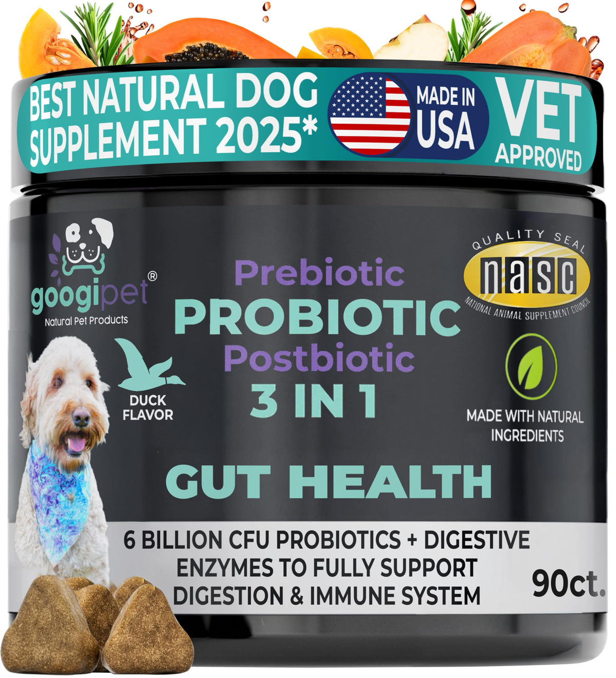 Googipet Probiotics bottle shows 6B CFU for dog gut support