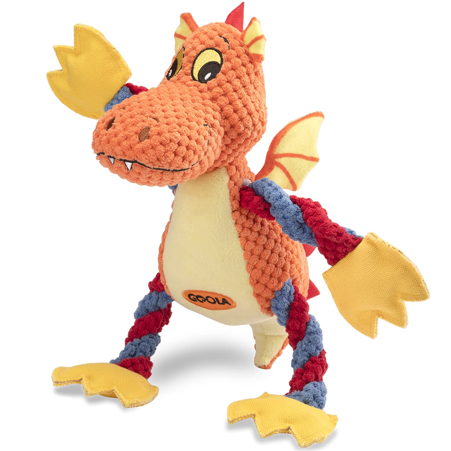 Goola dog squeaky dragon toy, front view, boosts playtime engagement.