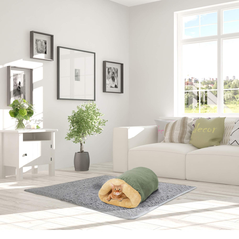GOOPAWS sage green fabric blends durable faux suede with plush fur.