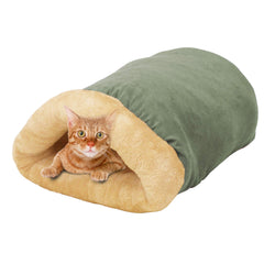 GOOPAWS self-warming burrow cat bed shows cozy sage green warmth for naps.
