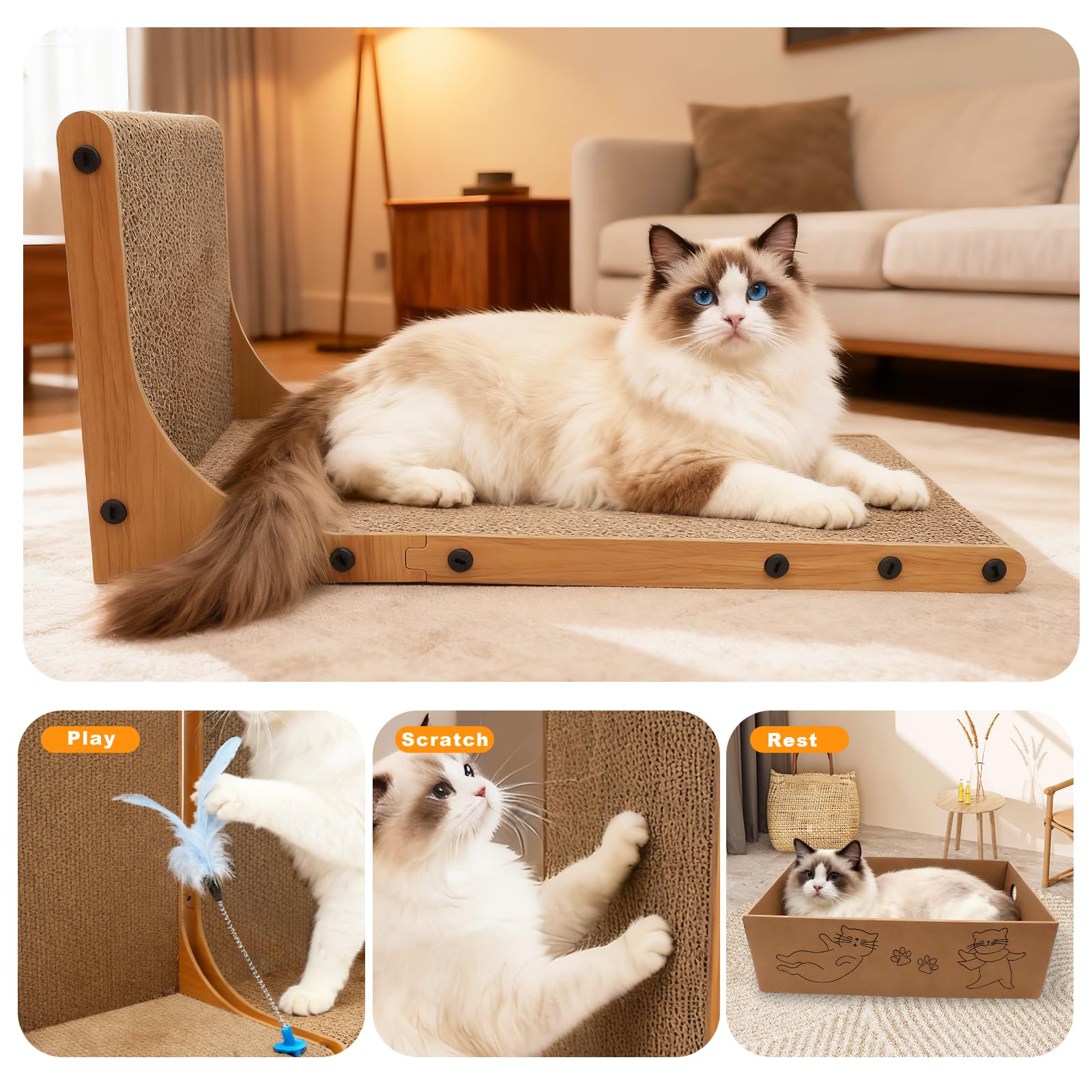 Goosheep cardboard scratch pad surface invites curling up for relaxing scratch sessions.