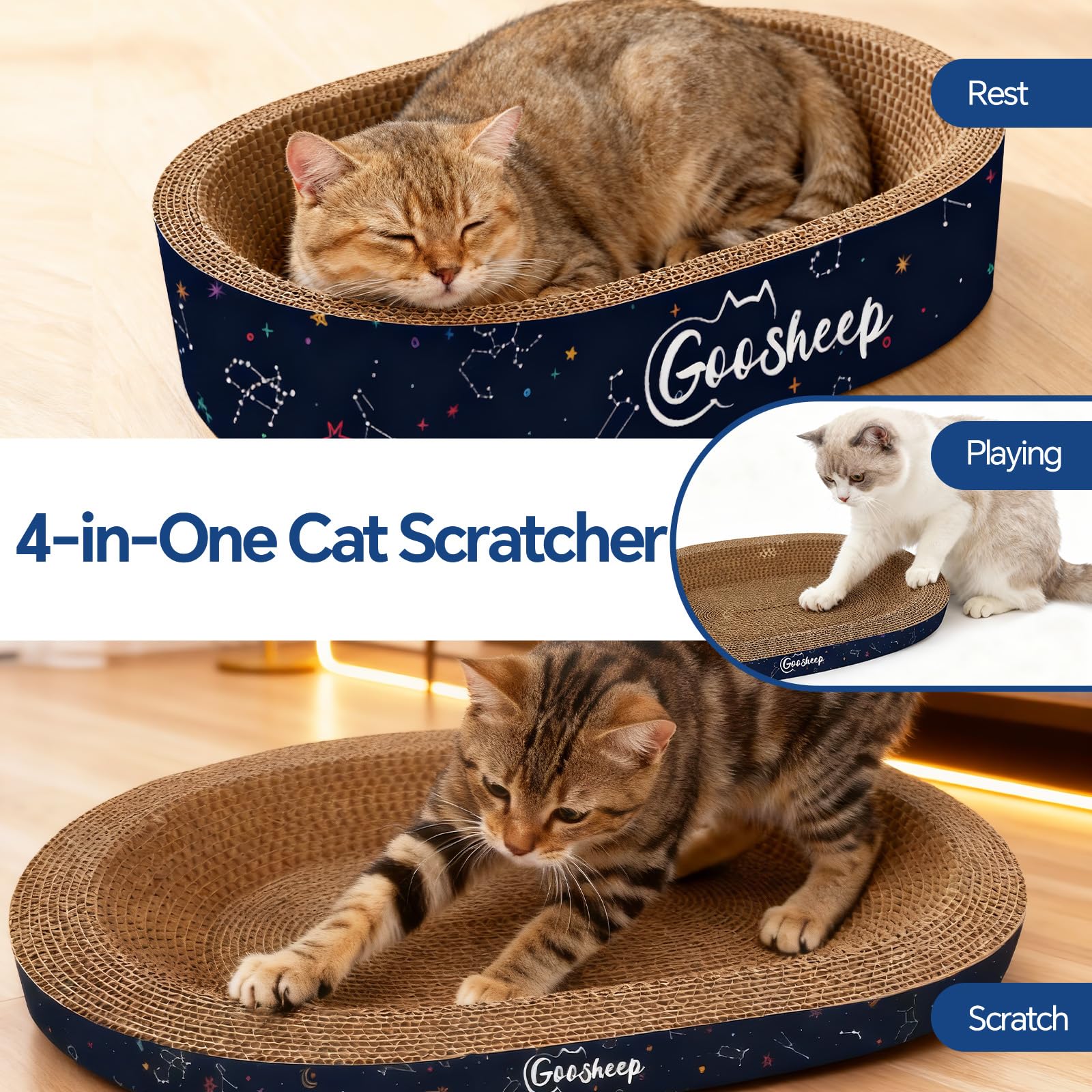 Goosheep cat resting on oval lounger for calm comfort