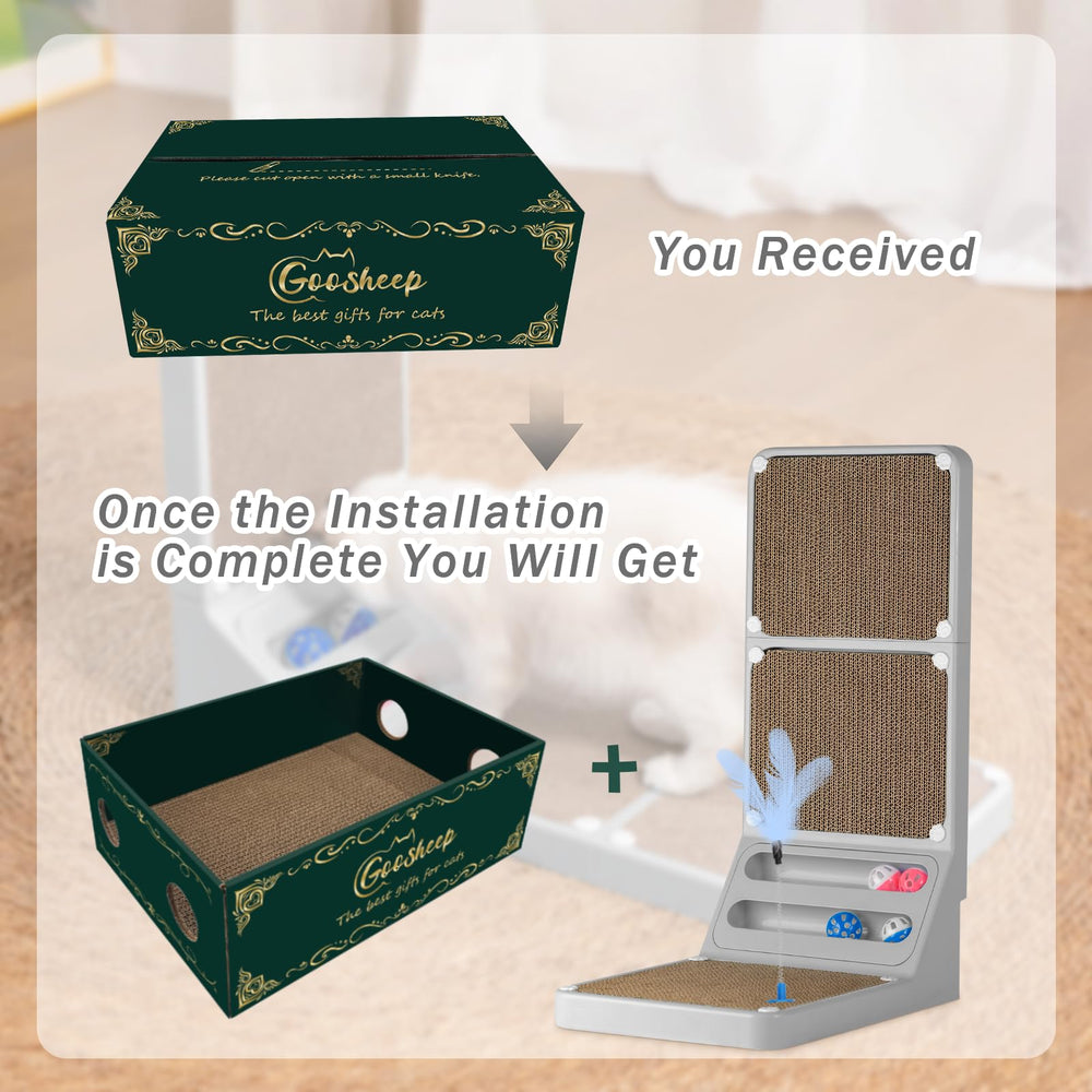 Goosheep cat scratching board with ball toy demonstrates interactive play.