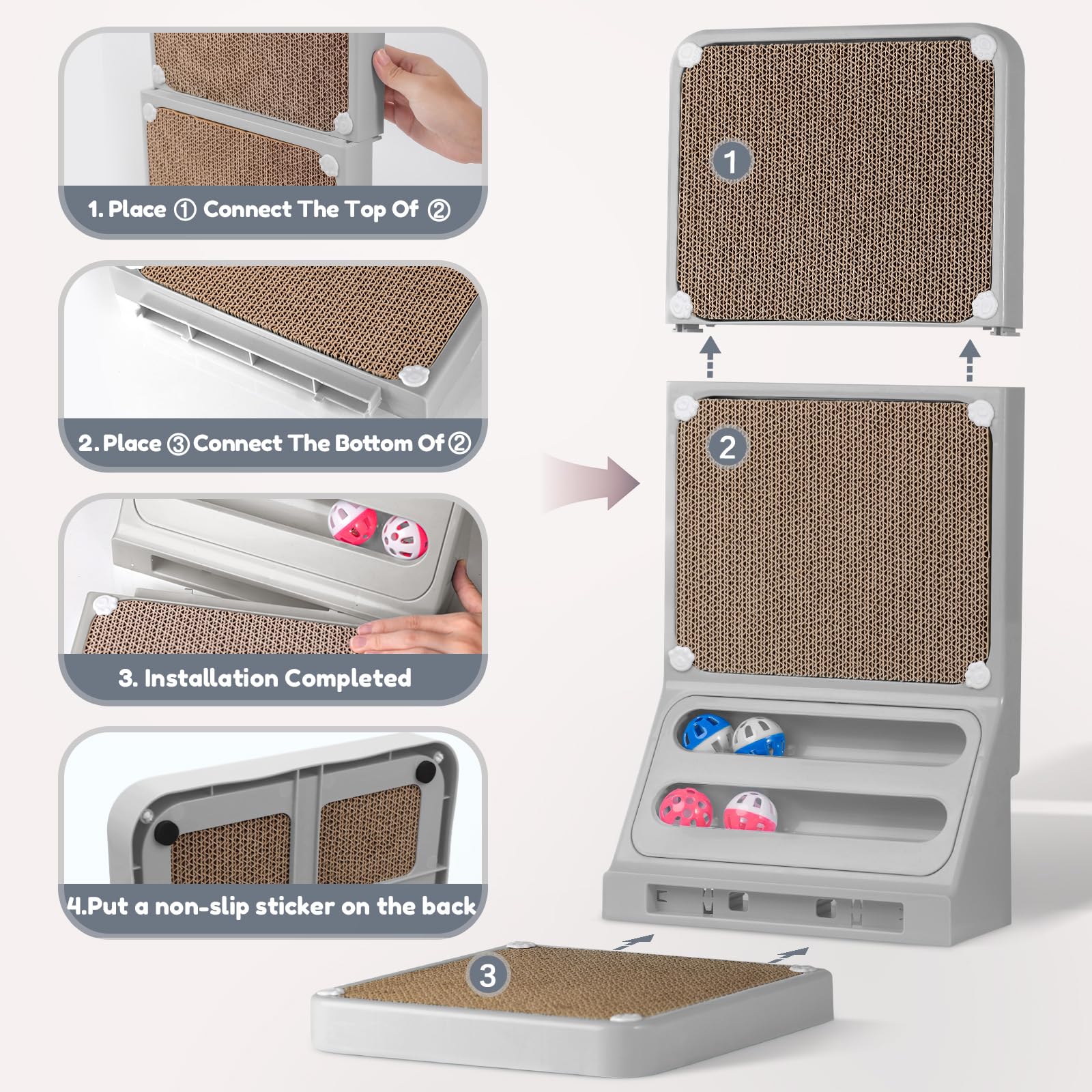Goosheep cat scratching board near wall forms cozy bed.