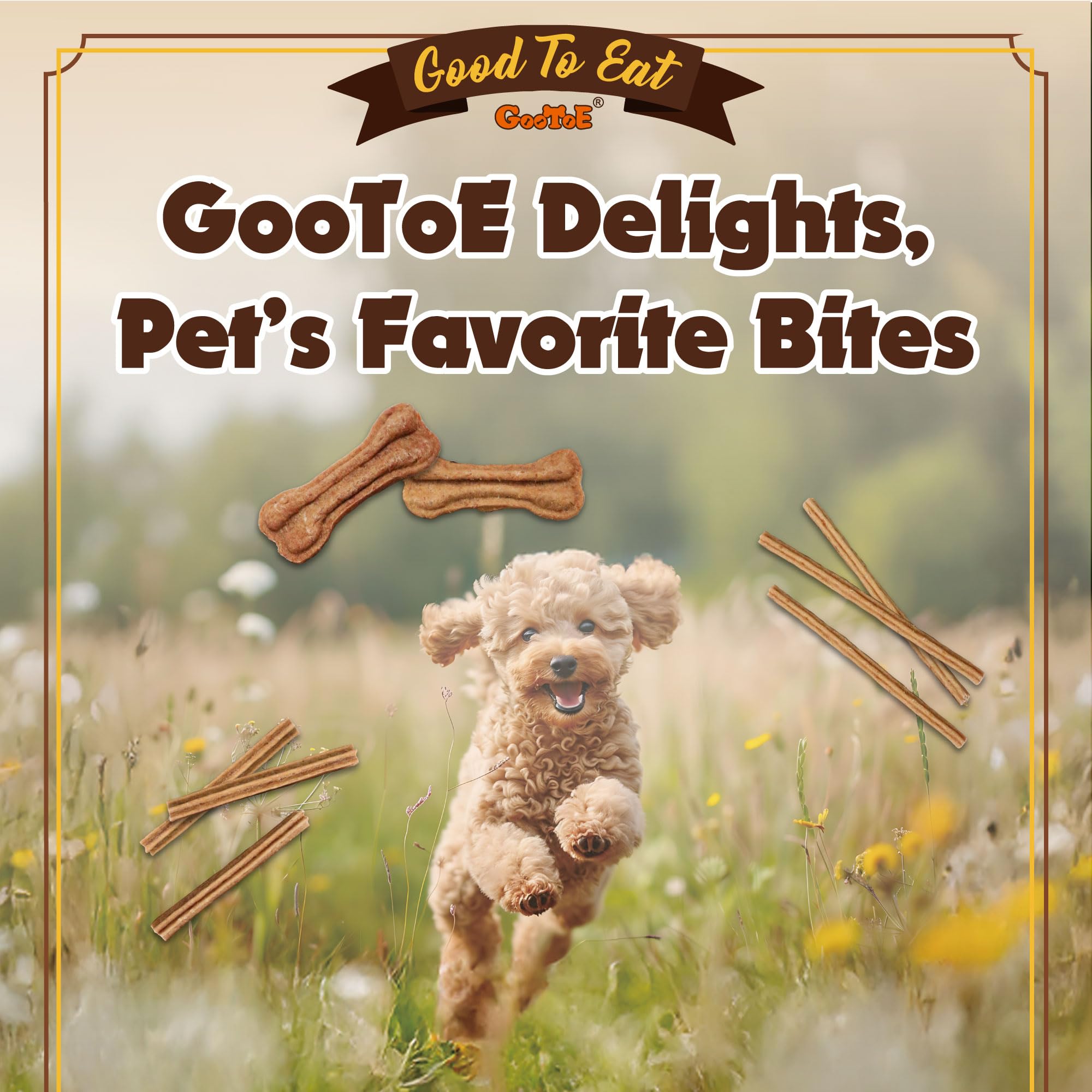 Gootoe buffalo dog treats packaging, one point five pounds, great value.