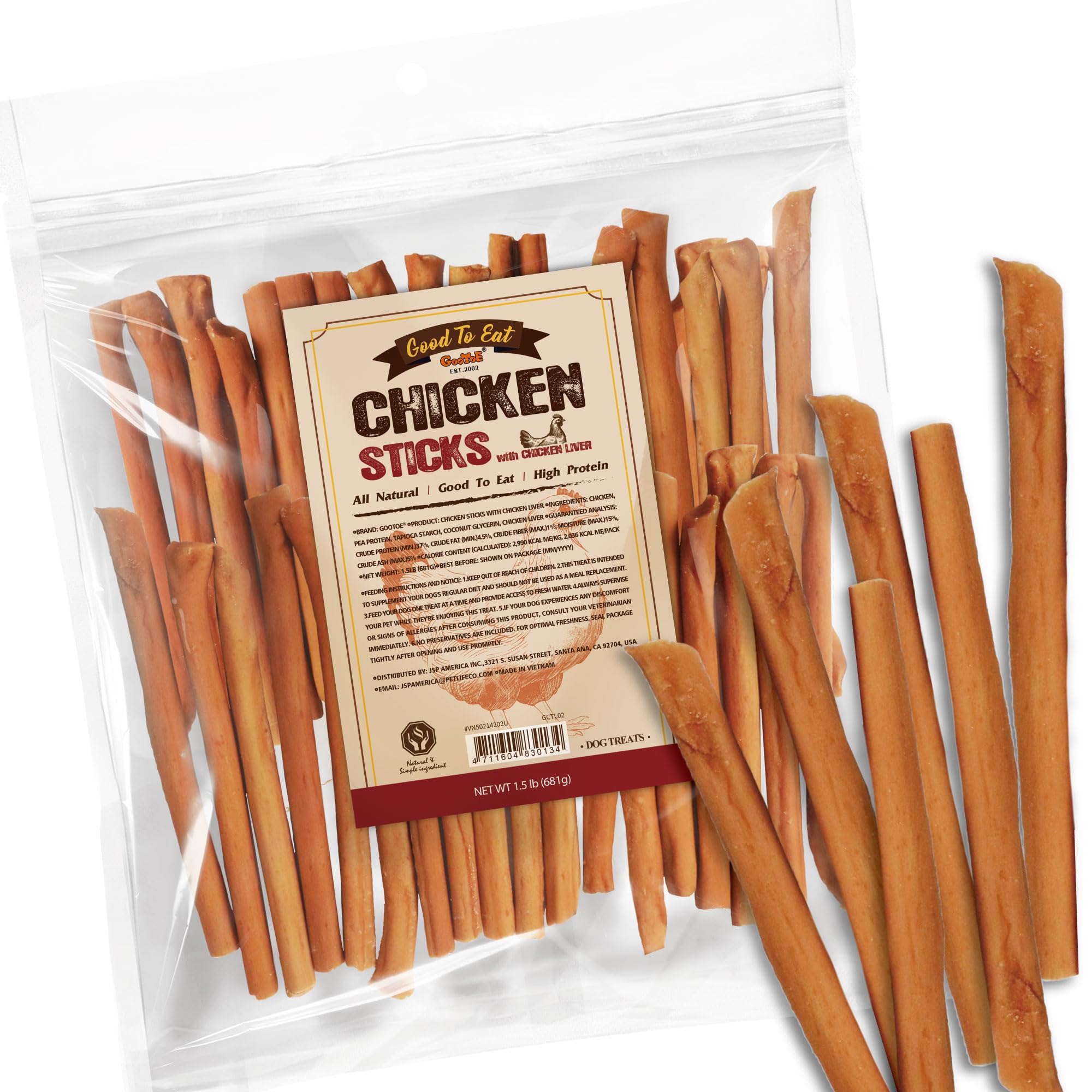Gootoe chicken jerky dog treats packaging highlighting premium ingredients and freshness.