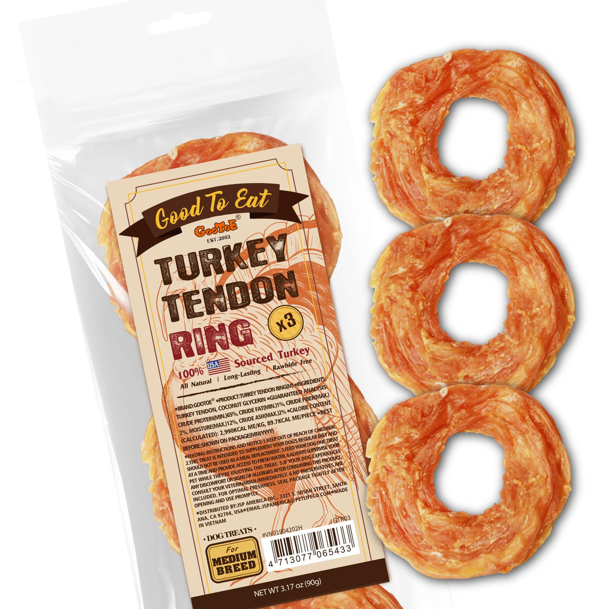 Gootoe turkey tendon dog chew pack, natural long-lasting treat for dogs.