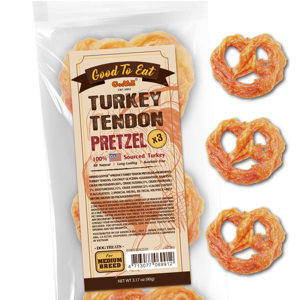 Gootoe turkey tendon dog treats in a 3-count pack for medium dogs.