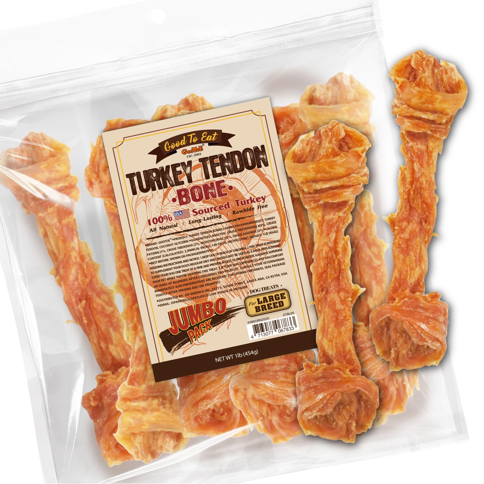 Gootoe turkey tendon packaging; premium natural chew for large breeds.