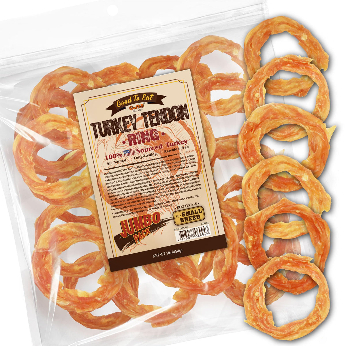 Gootoe turkey tendon ring chew close-up, durable dog chew.