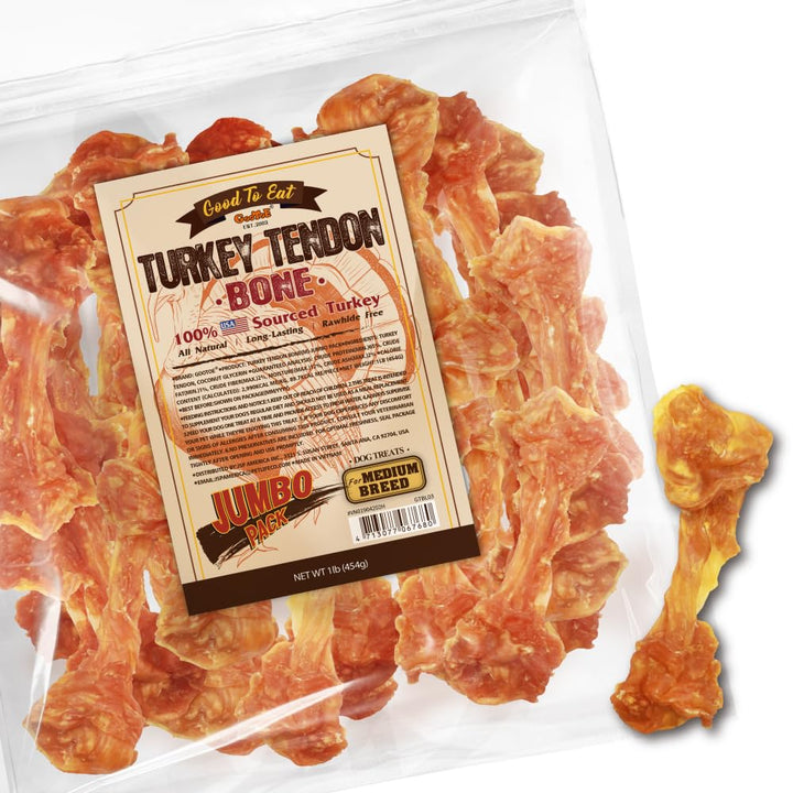 Gootoe turkey tendon dog bag front showing 1 lb packaging for medium breeds