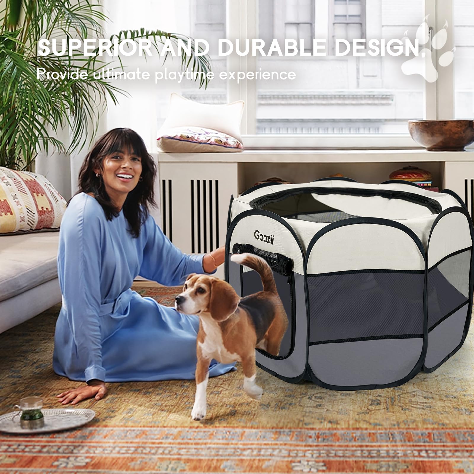 Goozii playpen with waterproof 600D Oxford fabric for outdoor use.