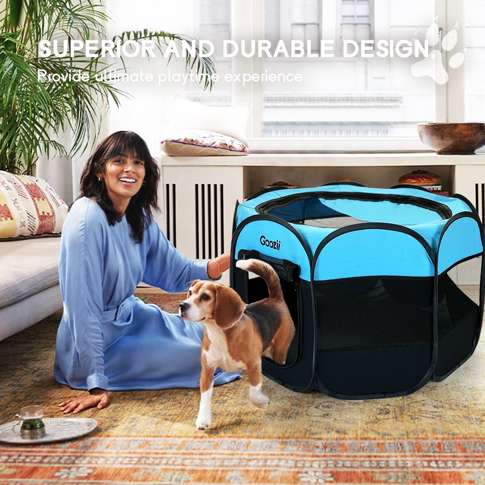Goozii portable dog playpen folded/unfolded for quick setup without tools.
