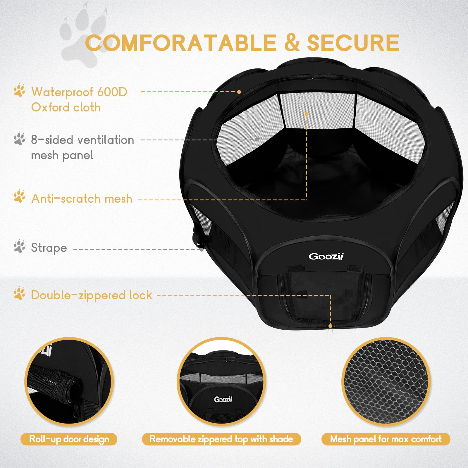 Goozii Playpen materials include waterproof 600D fabric and reinforced seams