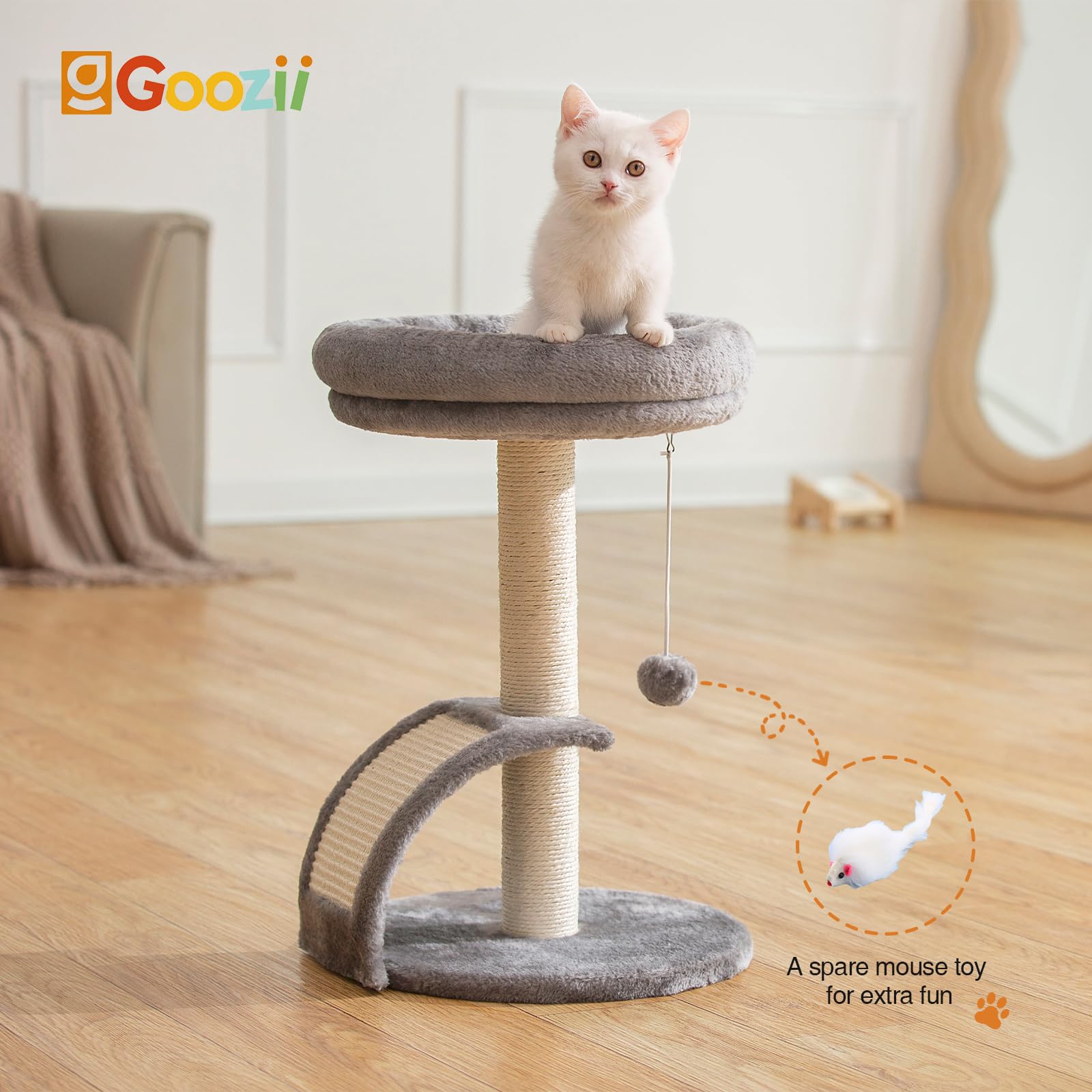 Goozii cat scratching post highlights durable sisal for scratching.