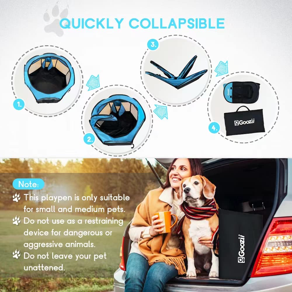 Goozii dog playpen folds quickly for hassle-free transport and camping trips.