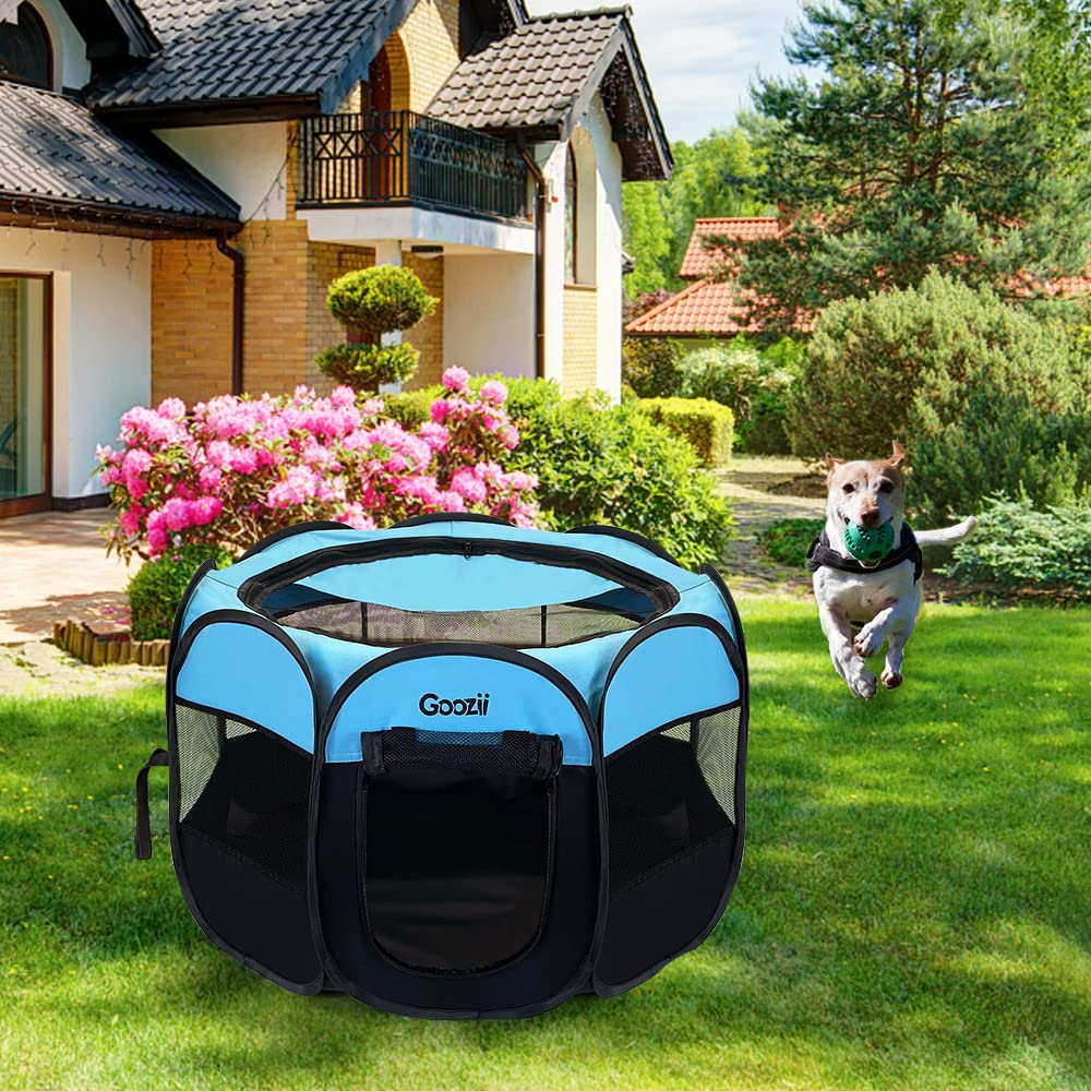 Goozii portable pet fence includes sturdy seams and reinforced corners.