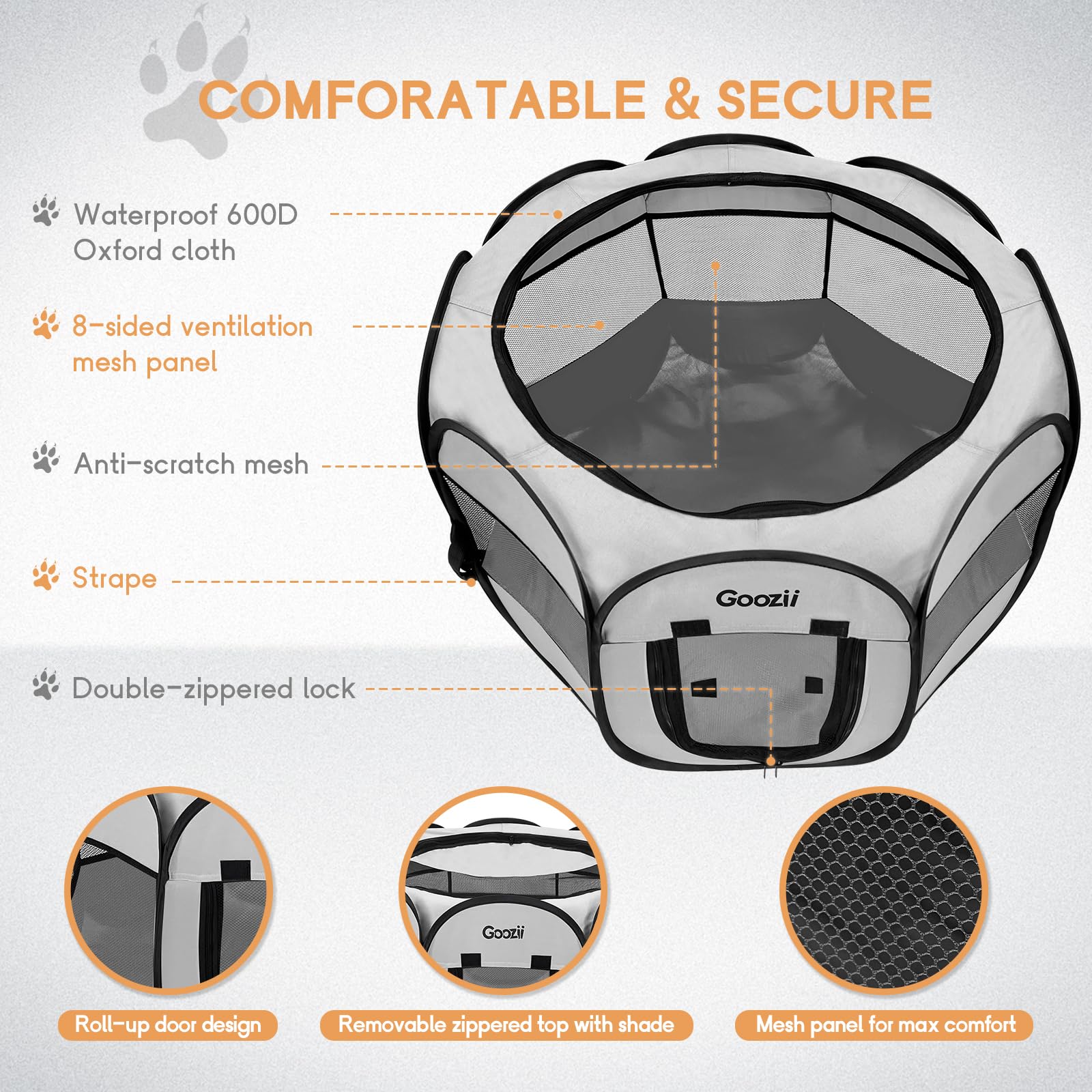 Eight-panel Goozii playpen design provides a roomy, durable enclosure.