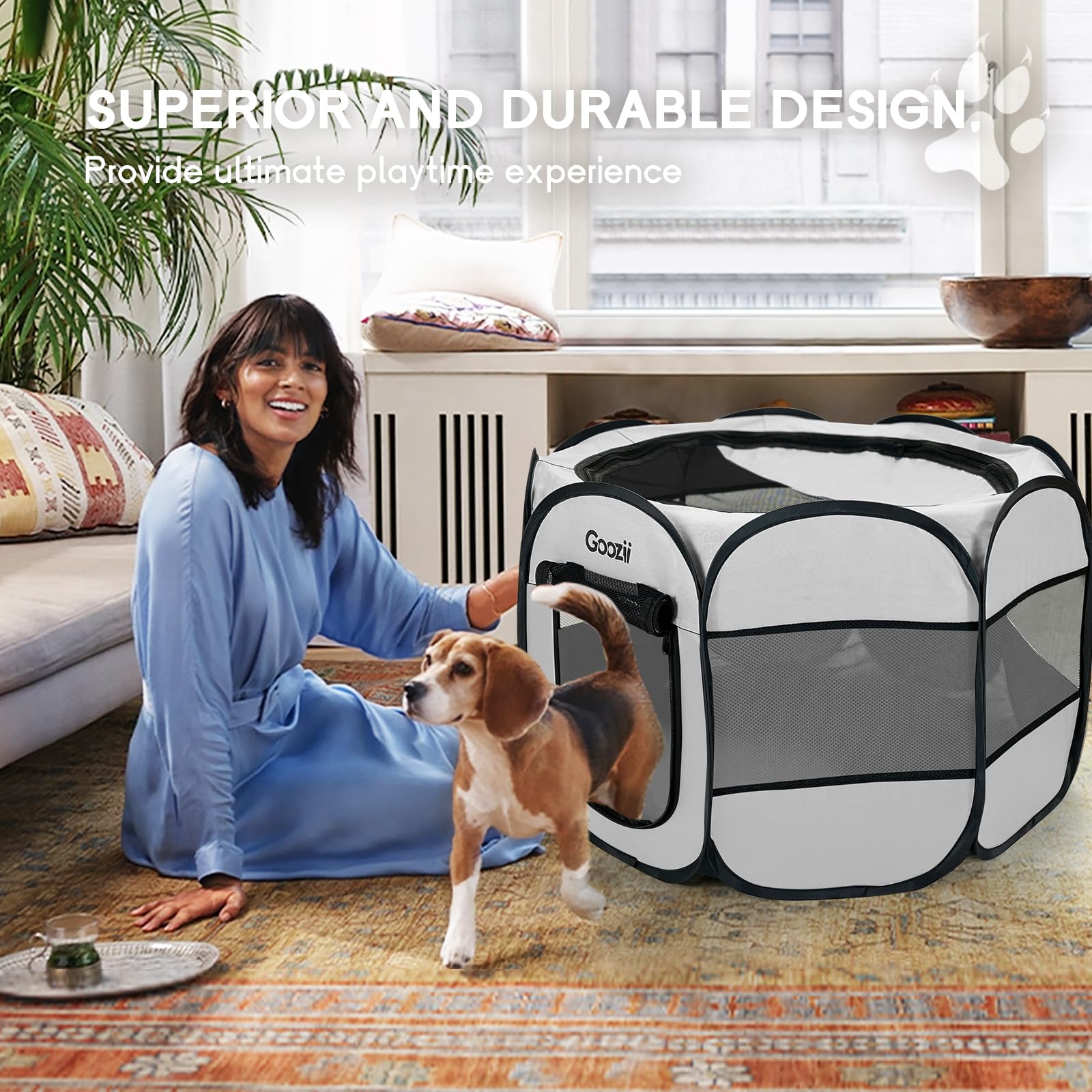 Goozii playpen uses waterproof Oxford fabric for outdoor reliability.