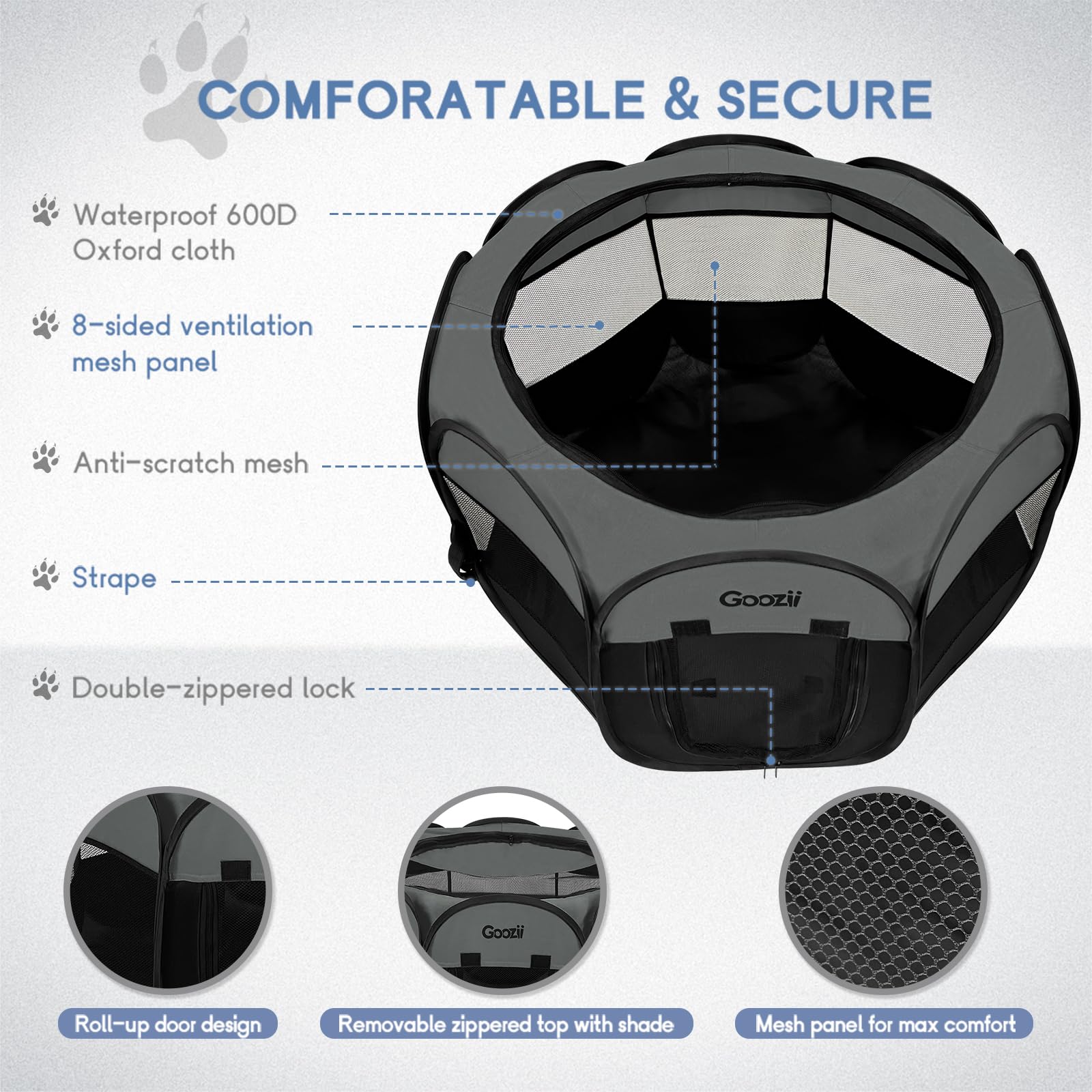 Goozii small dog playpen measures 29x29x17 inches for compact pets.
