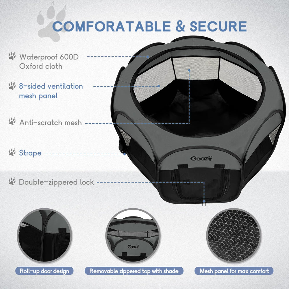 Goozii small dog playpen measures 29x29x17 inches for compact pets.
