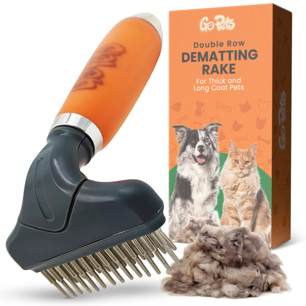 GoPets double row dematting rake for dogs and cats with effective undercoat deshedding.