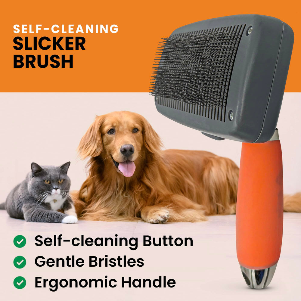 GoPets brush with retractable bristles for quick hair release after grooming.
