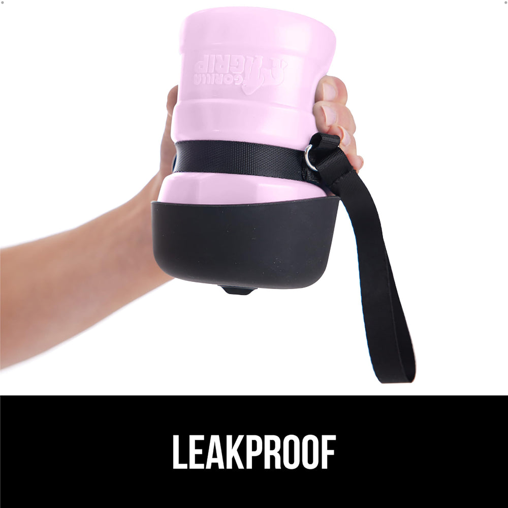 GORILLA GRIP 20oz bottle with strap for hands-free carrying.