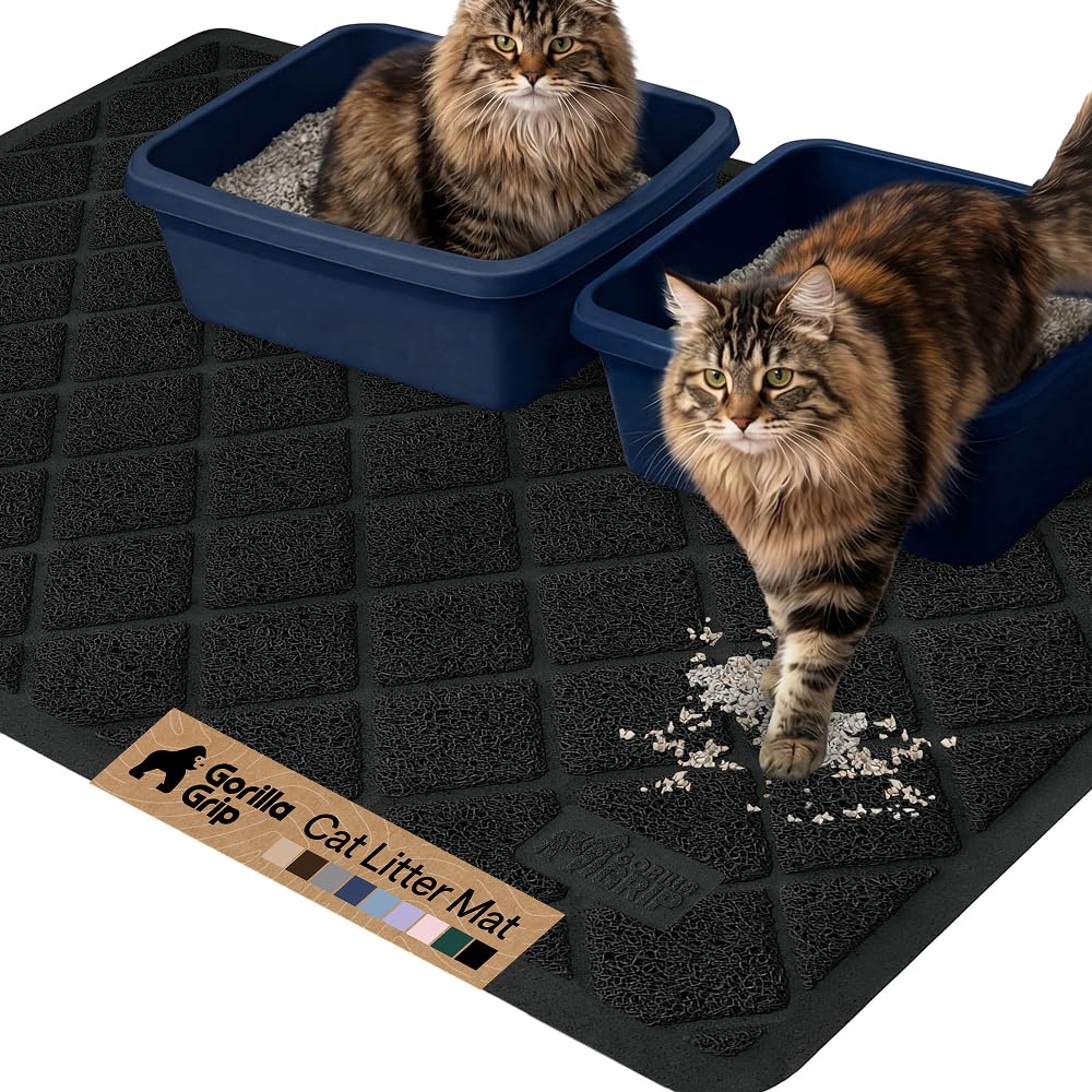 GORILLA GRIP cat litter mat with coil mesh traps litter and keeps floors clean.