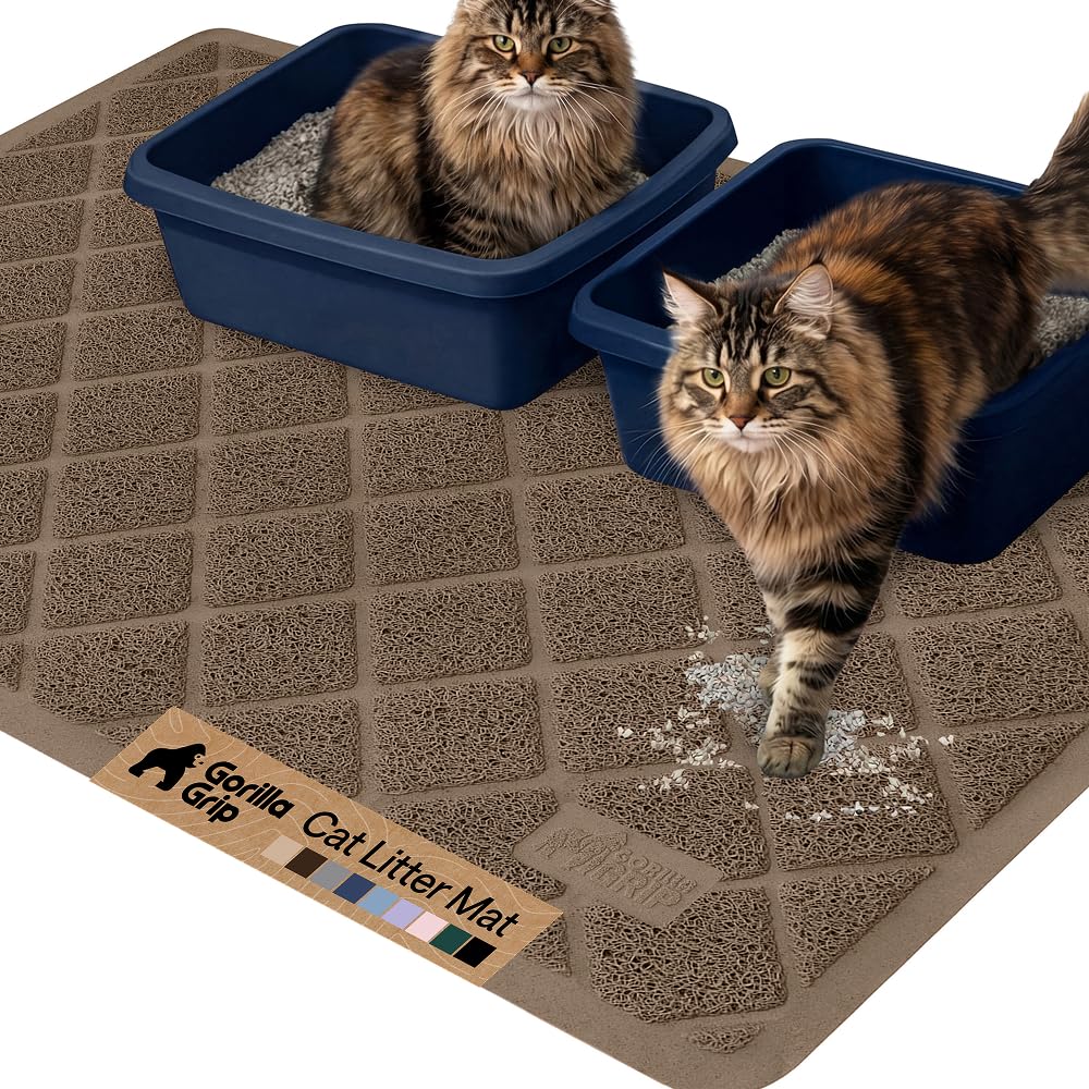 Gorilla Grip cat litter mat with cushioned coil mesh traps litter for cleaner floors.