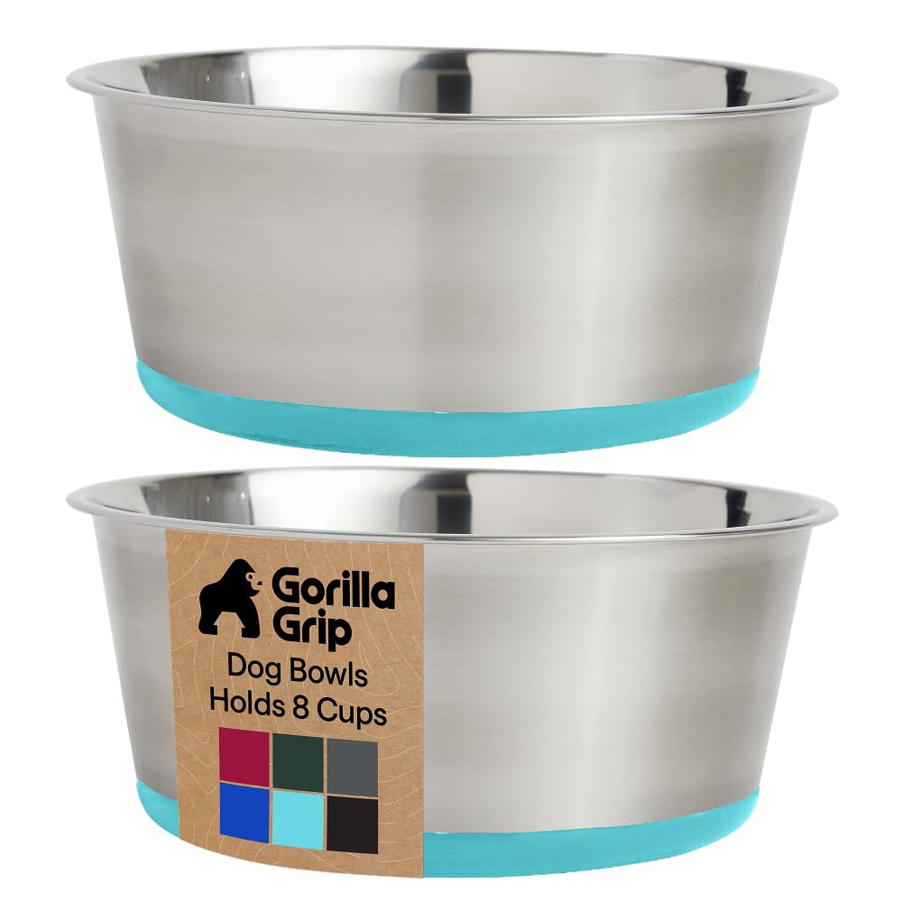 Gorilla Grip 8-cup turquoise dog bowl ready for meals