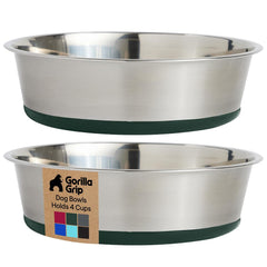 GORILLA GRIP dog bowls front view in green, durable stainless steel design.