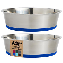 GORILLA GRIP dog bowls with stainless steel interior provide durable feeding.
