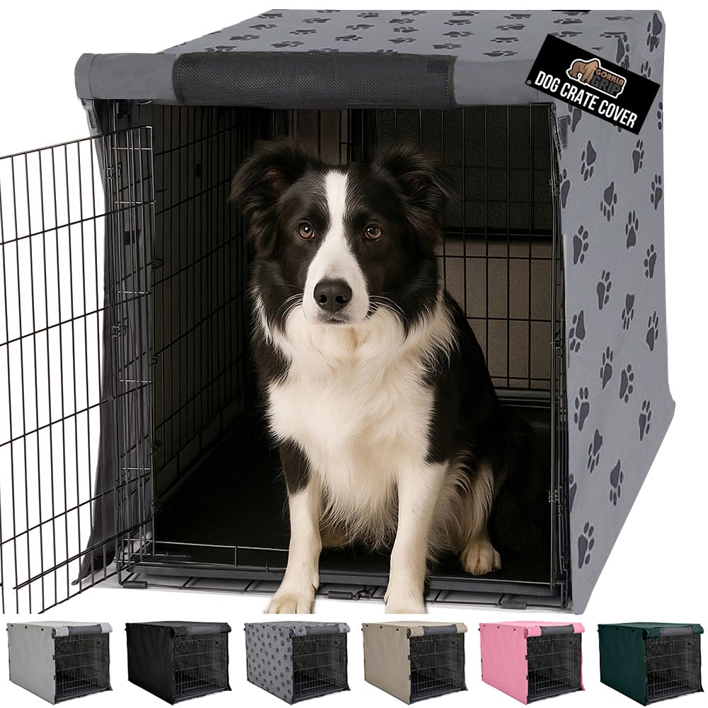 GORILLA GRIP dog crate cover in front view on a 36-inch crate enhances den privacy.