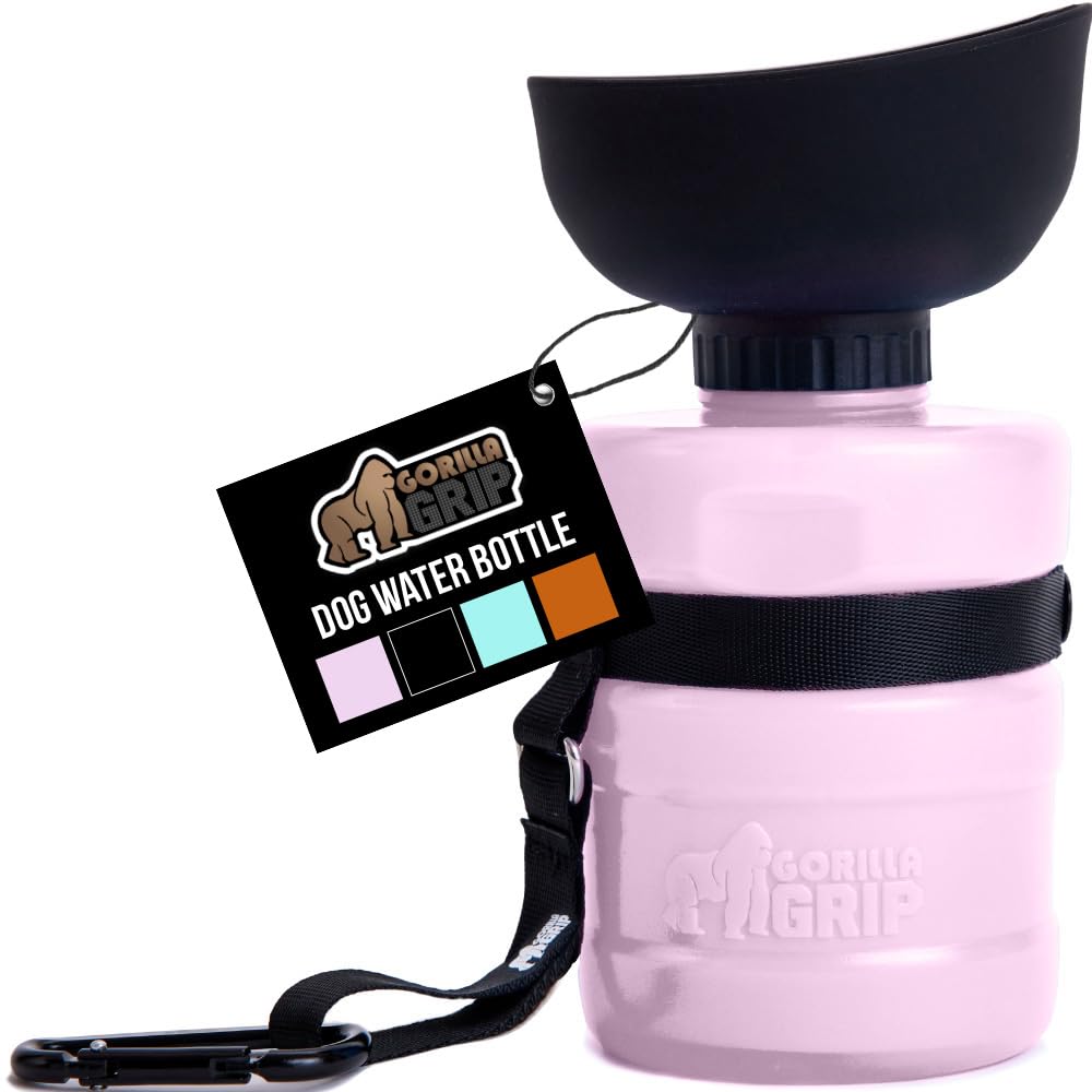 GORILLA GRIP dog water bottle pink with built-in bowl for easy on-the-go hydration.