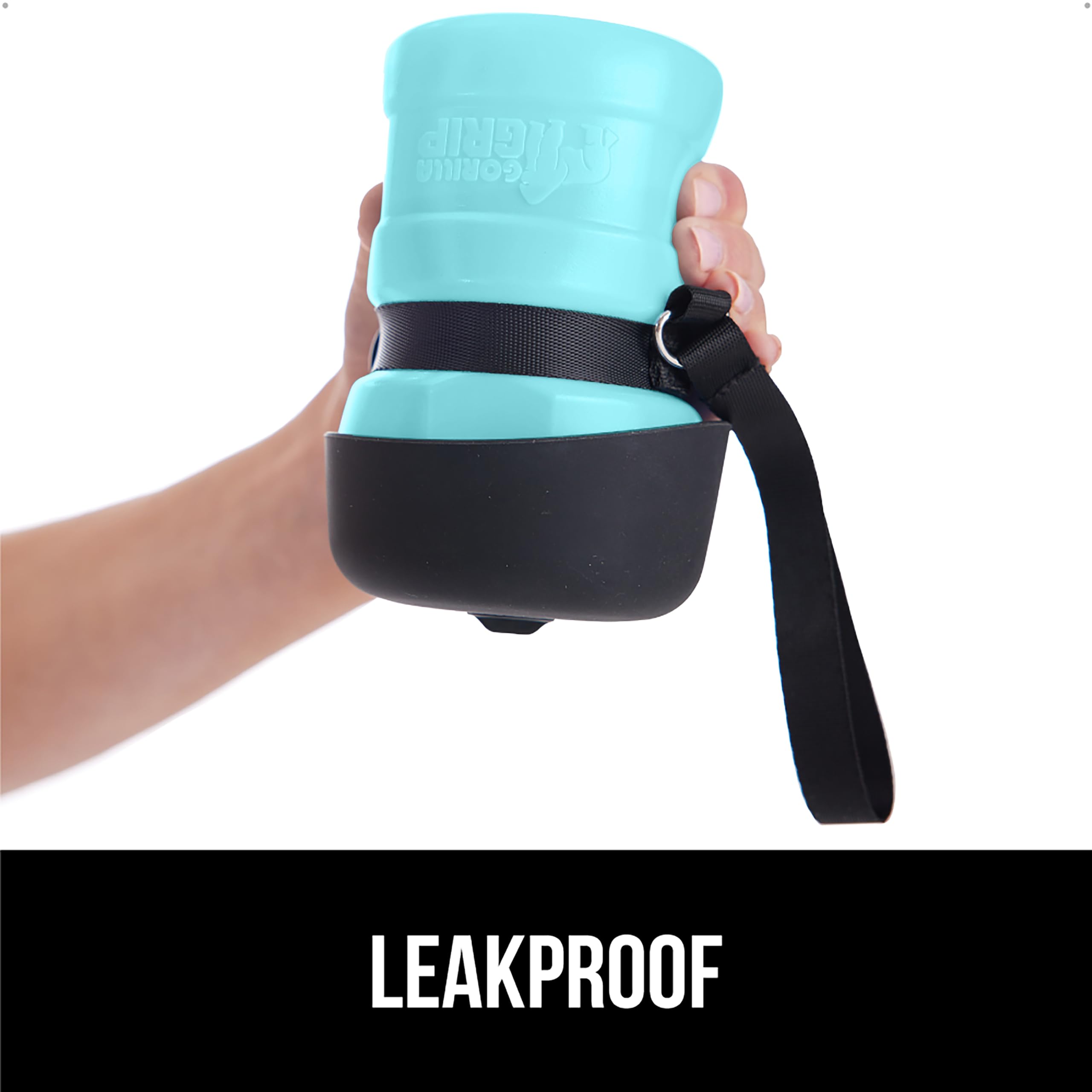 Gorilla Grip bottle with strap and carabiner for easy carrying.