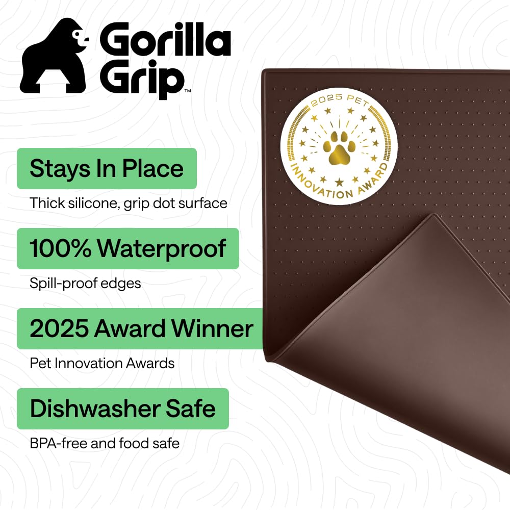 GORILLA GRIP raised-edge mat keeps bowls in place and minimizes spillover.