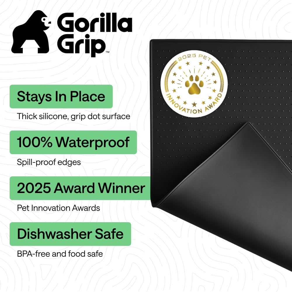 GORILLA GRIP raised-edge silicone mat contains spills during mealtime.