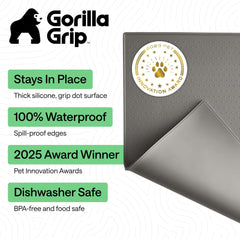 GORILLA GRIP raised-edge silicone mat keeps dog bowls in place and reduces spills.