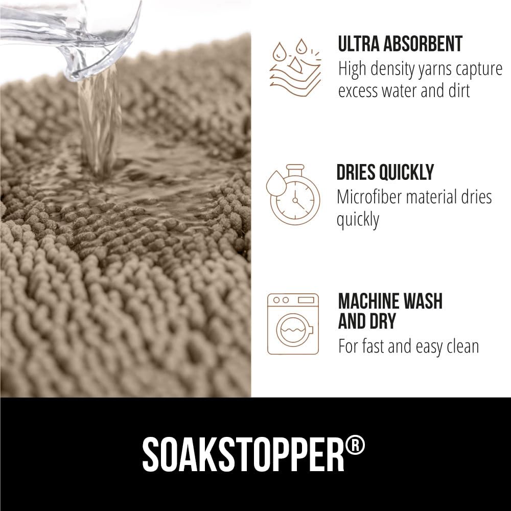 GORILLA GRIP SoakSTOPPER soft chenille microfiber dries quickly underfoot.
