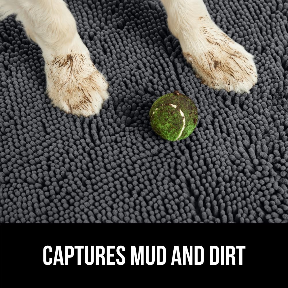 GORILLA GRIP SoakSTOPPER mat traps mud from paws at the doorway.
