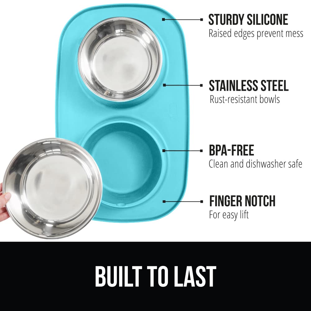 GORILLA GRIP stainless steel bowls on silicone mat prevent spills during meals.